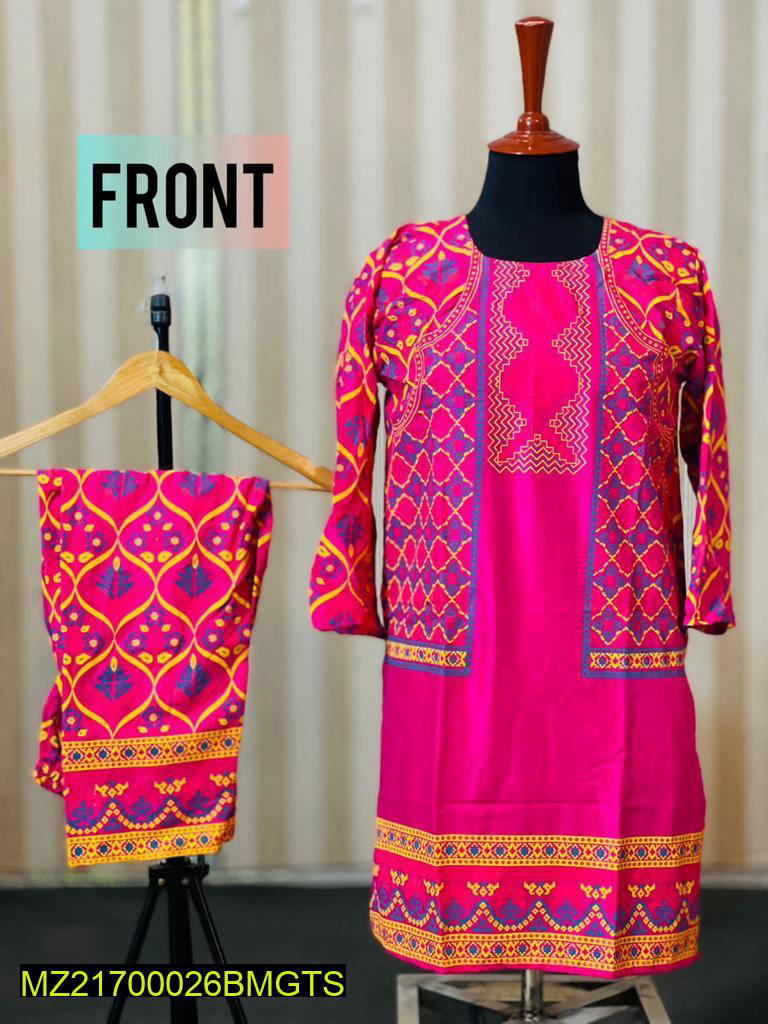 Women Stitched 3D Block Printed Linen 2-Piece Suit – Pink color
