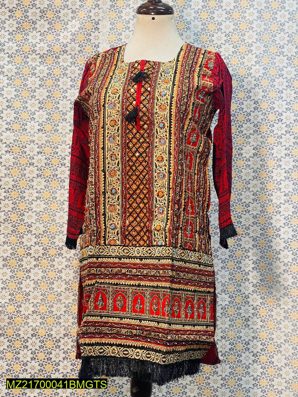 Women Stitched  Linen Embroidered Shirt - Red color