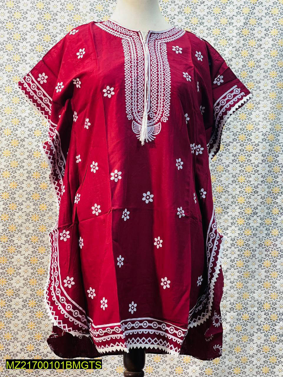 Women Stitched Kaftan Style Linen Frock 1-Piece Suit – Maroon color