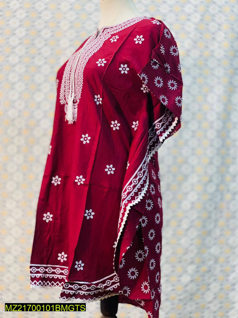 Women Stitched Kaftan Style Linen Frock 1-Piece Suit – Maroon color