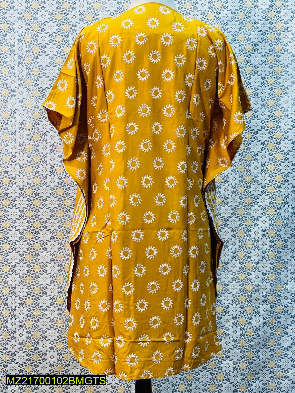 Women Stitched Kaftan Style Linen Frock 1-Piece Suit – Yellow color