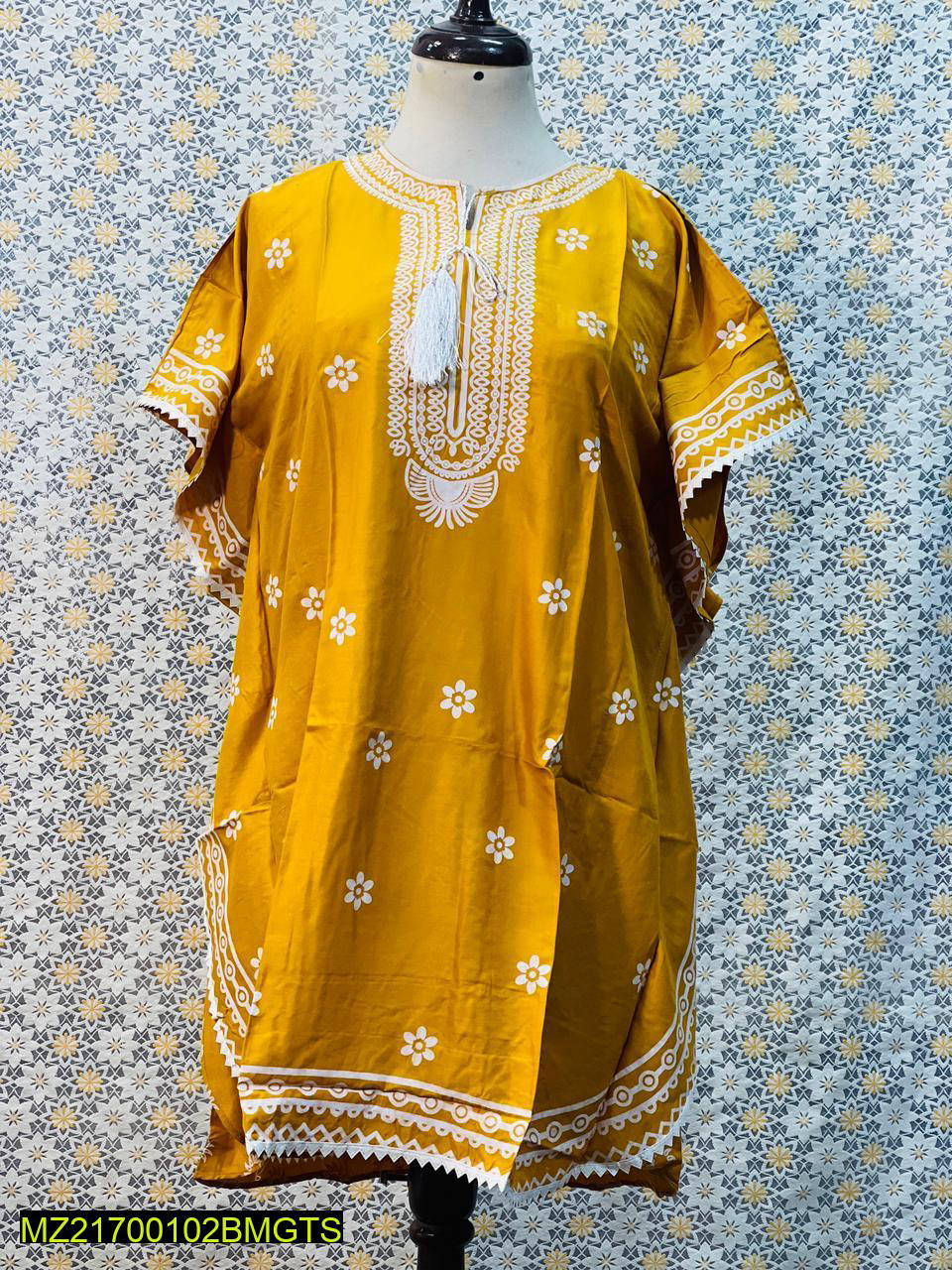 Women Stitched Kaftan Style Linen Frock 1-Piece Suit – Yellow color