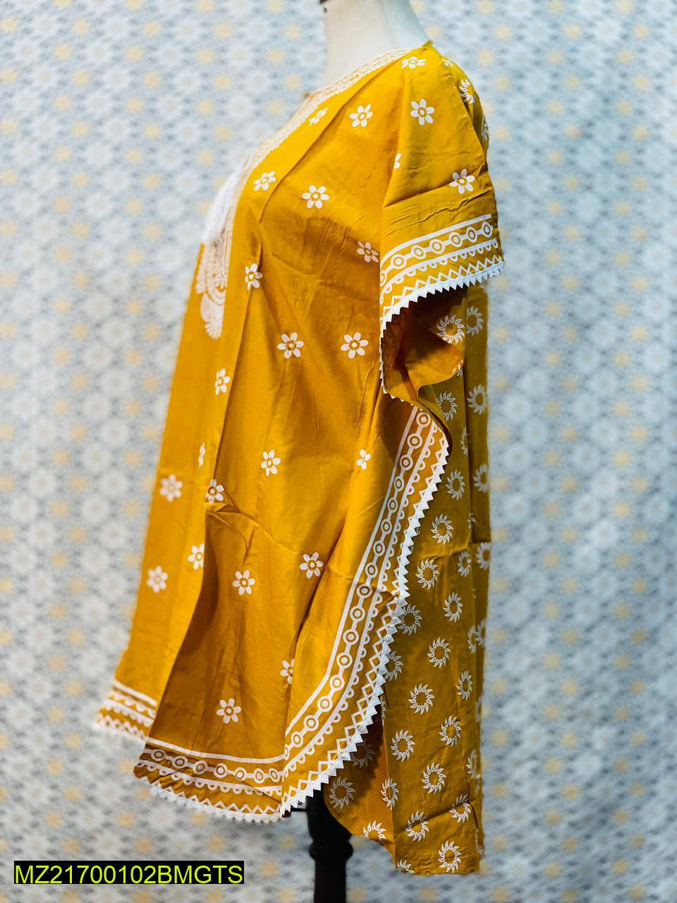 Women Stitched Kaftan Style Linen Frock 1-Piece Suit – Yellow color