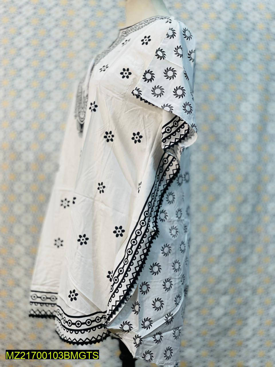 Women Stitched Kaftan Style Linen Frock 1-Piece Suit – White color