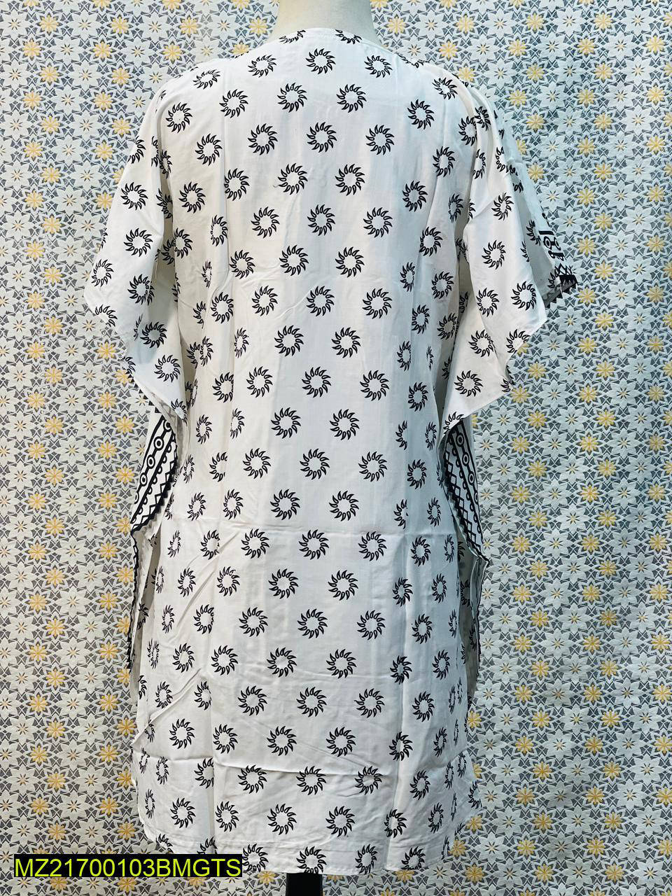 Women Stitched Kaftan Style Linen Frock 1-Piece Suit – White color