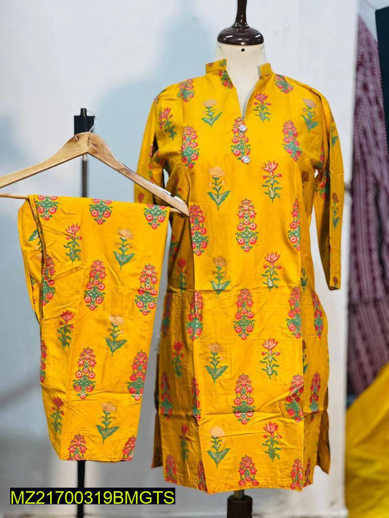 Women Stitched Floral 3D Block Printed 2-Piece Suit – Yellow color