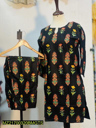 Women Stitched Floral 3D Block Printed 2-Piece Suit – Black color