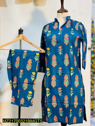 Women Stitched Floral 3D Block Printed 2-Piece Suit – Blue color