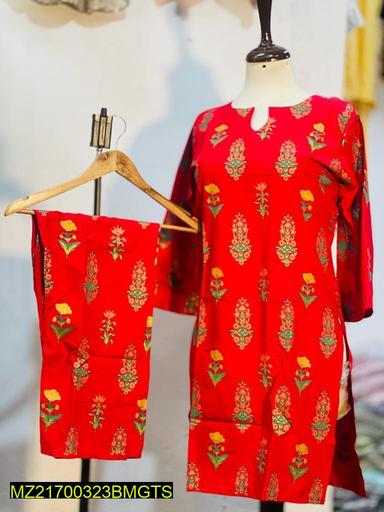 Women Stitched Floral 3D Block Printed 2-Piece Suit – Red color