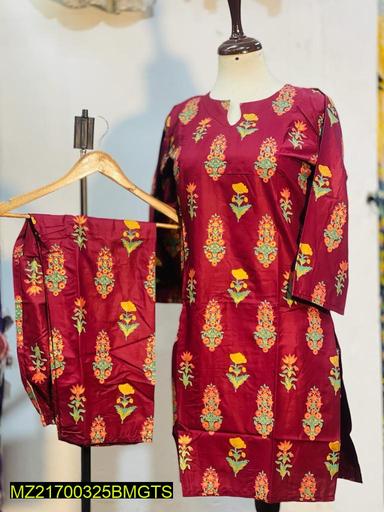 Women Stitched Floral 3D Block Printed 2-Piece Suit – Maroon color
