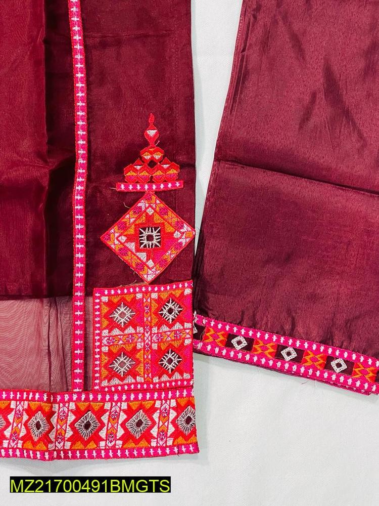 Women Stitched Organza Embroidered 3-Piece Suit – Maroon color