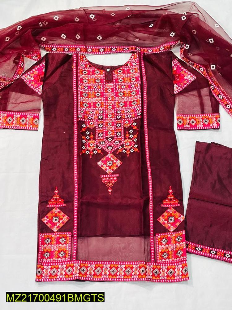 Women Stitched Organza Embroidered 3-Piece Suit – Maroon color