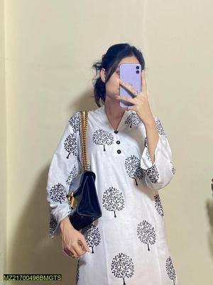 Women Stitched Linen Block Printed 2-Piece Suit – White color