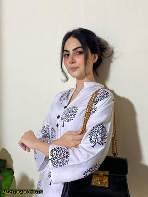 Women Stitched Linen Block Printed 2-Piece Suit – White color