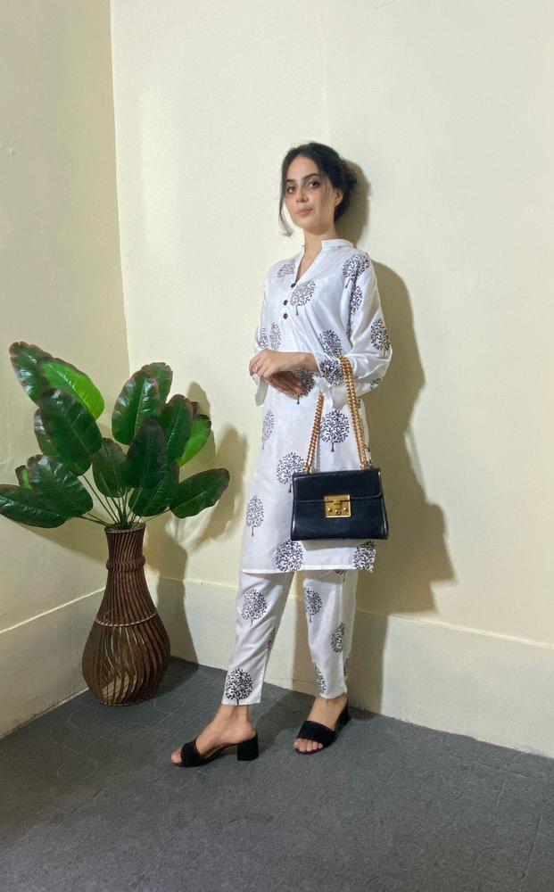 Women Stitched Linen Block Printed 2-Piece Suit – White color