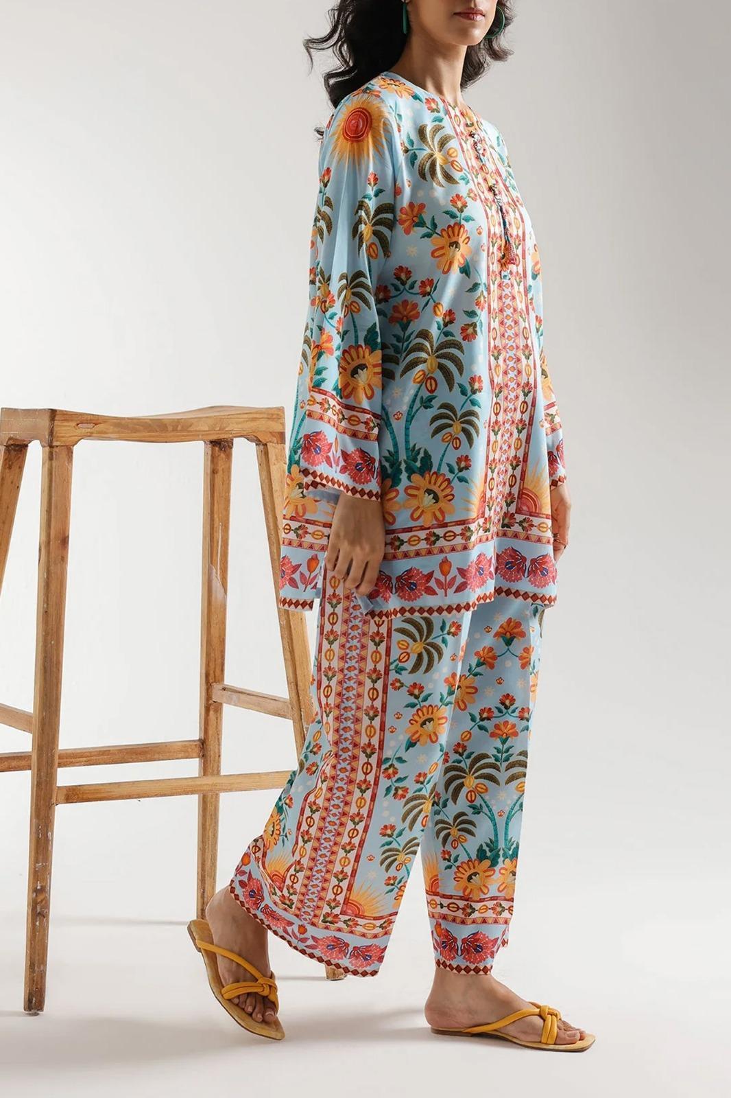 Women’s Printed Grip Fabric 2-Piece Suit – Multicolor Stylish Shirt & Trouser Set