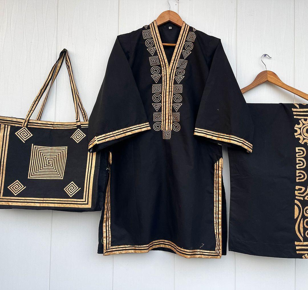 Elegant Black Linen 2-Piece Suit with Bag for Women | Stitched Embroidered Shirt & Trouser Set with Bag