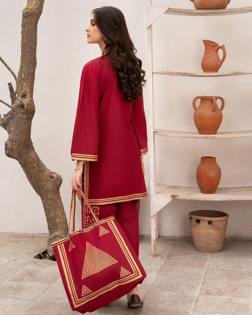 Elegant Red Linen 2-Piece Suit with Bag for Women | Stitched Embroidered Shirt & Trouser Set with Bag
