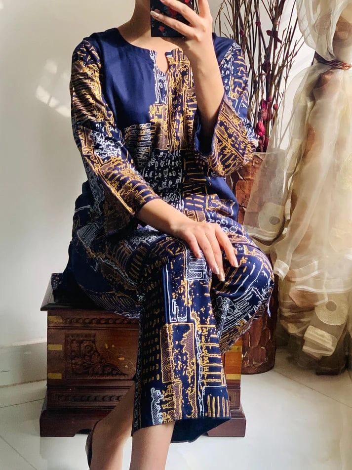 2 Pcs Women's Stitched Linen Block Printed Shirt And Trouser ( Blue )
