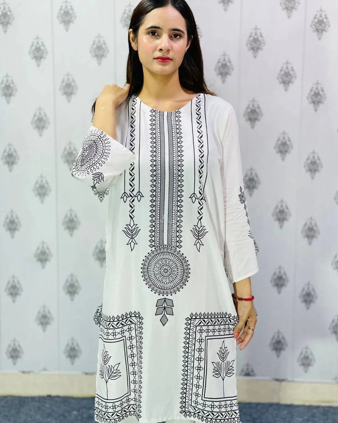 2 Pcs Block Print Womens Stitched Linen Suit White