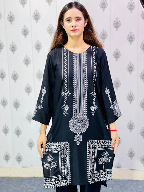 2 Pcs Block Print Womens Stitched Linen Suit Black