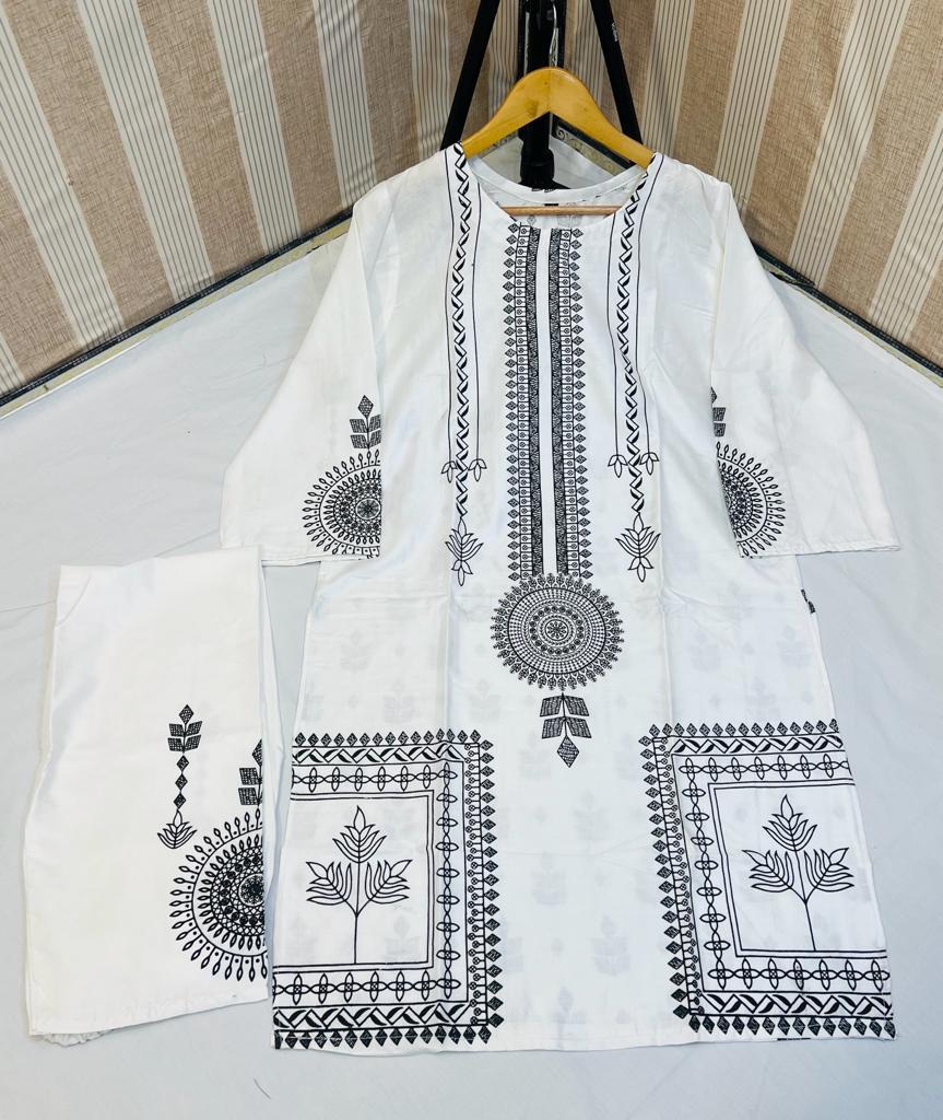 2 Pcs Block Print Womens Stitched Linen Suit White